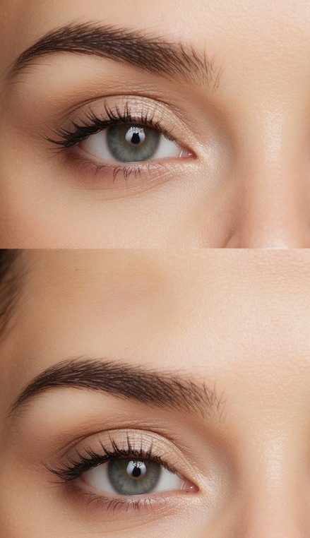 A clean, neutral makeup palette with soft, subtle eye shadows and simple, elegant application