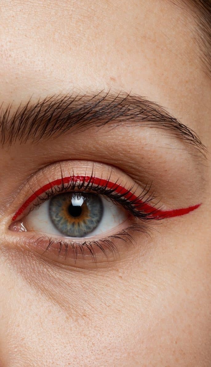A close-up of an eyelid with a thin, precise line of tomato red liquid liner