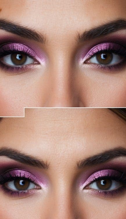 A bride with a plum smokey eye, surrounded by autumn leaves and flowers, with a romantic and dramatic atmosphere