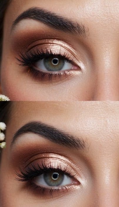 A bride with rose gold smokey eye makeup, surrounded by soft candlelight and delicate flowers