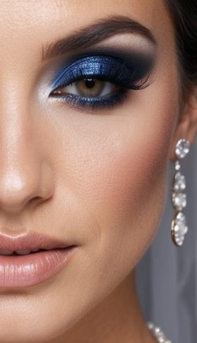 A bride with a deep blue smokey eye, surrounded by romantic and dramatic wedding decor