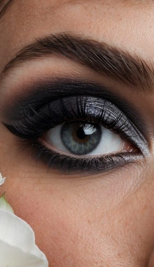 A bride's eye with a charcoal smokey makeup look, surrounded by romantic and dramatic wedding elements