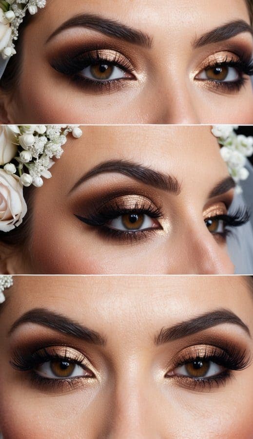 A bride with bronze smokey eye makeup, surrounded by romantic and dramatic wedding decor