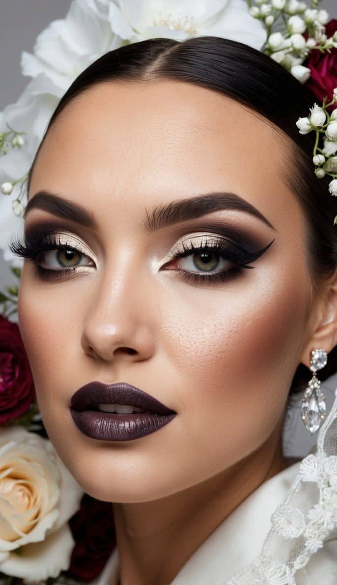 A bride with a dramatic smokey eye and winged liner, surrounded by romantic wedding decor