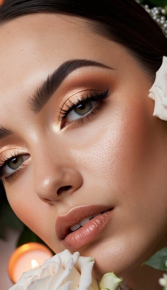 A bride with peachy smokey eyes, surrounded by soft candlelight and lush floral arrangements