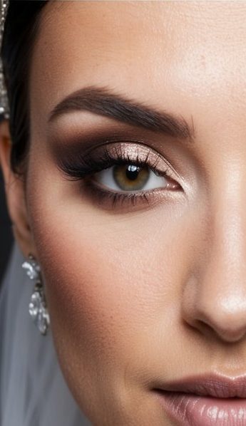 Close-up of a woman wearing a diamond tiara with an elegant makeup look, featuring well-defined eyebrows, smokey eye shadow, and peach-toned lipstick.
