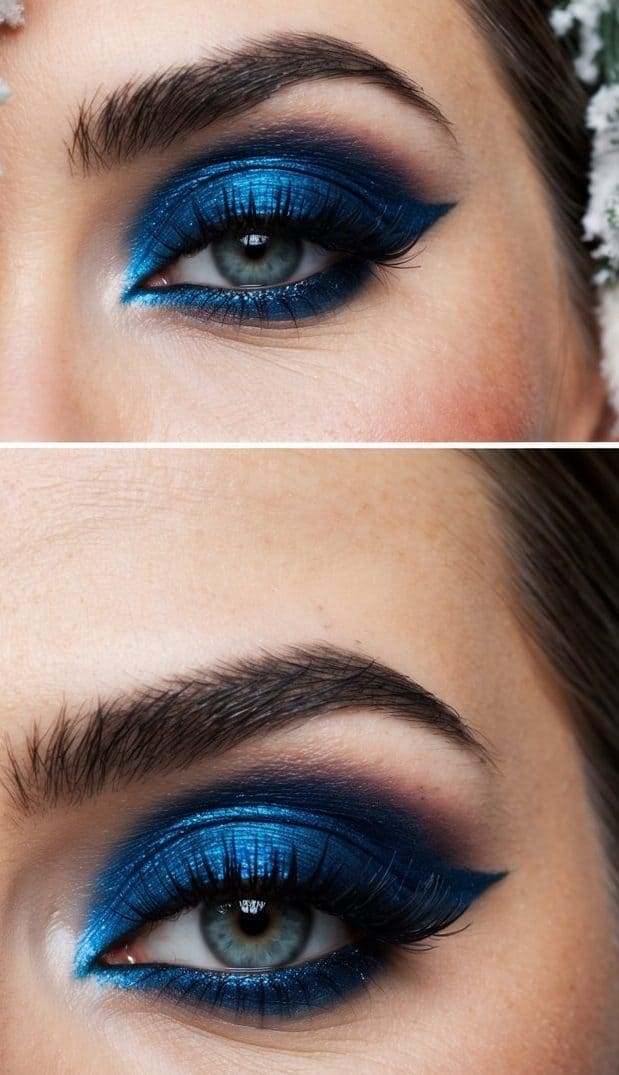 A bride with cobalt smokey eyes, surrounded by winter wedding decor, exuding romance and drama