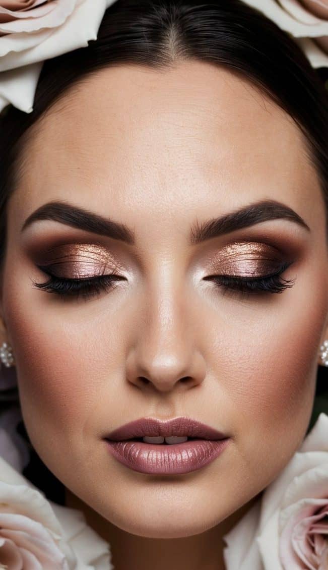 A bride's closed eye with champagne and mauve smokey eye makeup, surrounded by romantic and dramatic wedding decor