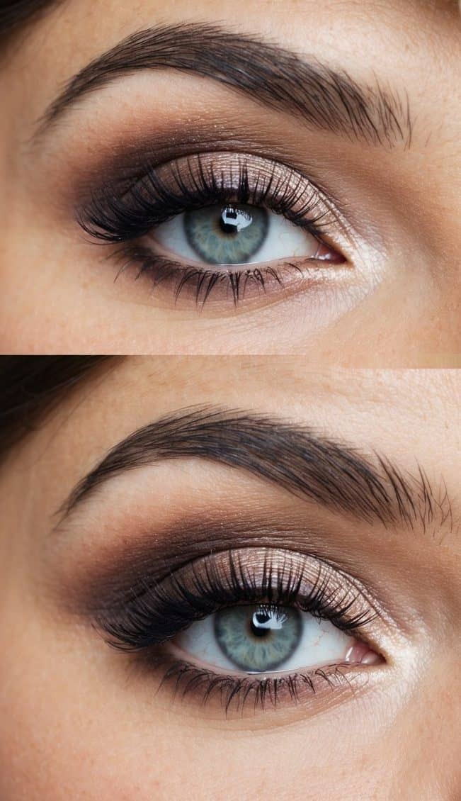 A bride's eye with a smokey, romantic makeup look, surrounded by wedding decor and soft lighting