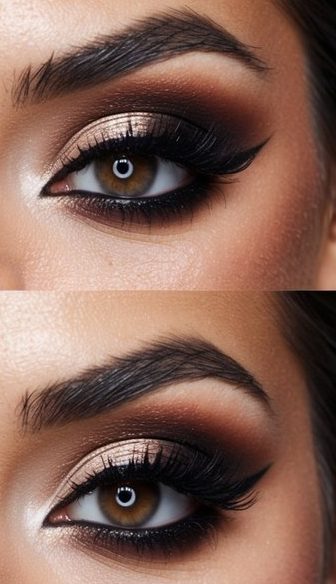 A bride with a dramatic smokey eye look, featuring glossy finishes and romantic vibes
