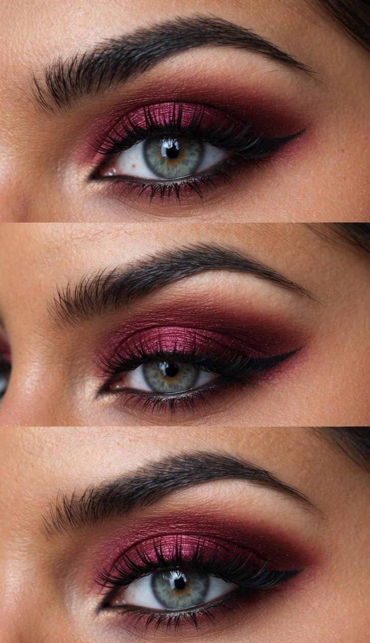 A close-up of a cranberry smokey eye makeup look with dramatic and romantic vibes, perfect for a wedding
