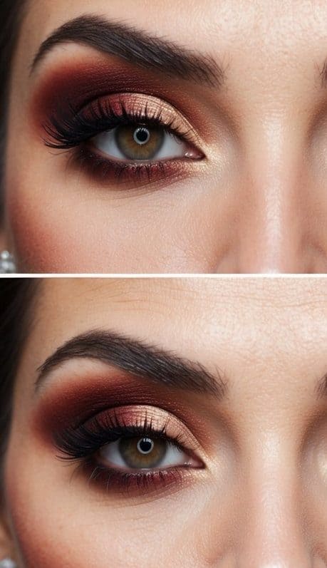 A bride with a deep red and brown smokey eye, surrounded by soft, romantic lighting and floral accents