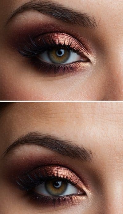A bride's eyes with deep plum and copper smokey makeup, looking romantic and dramatic for her wedding day