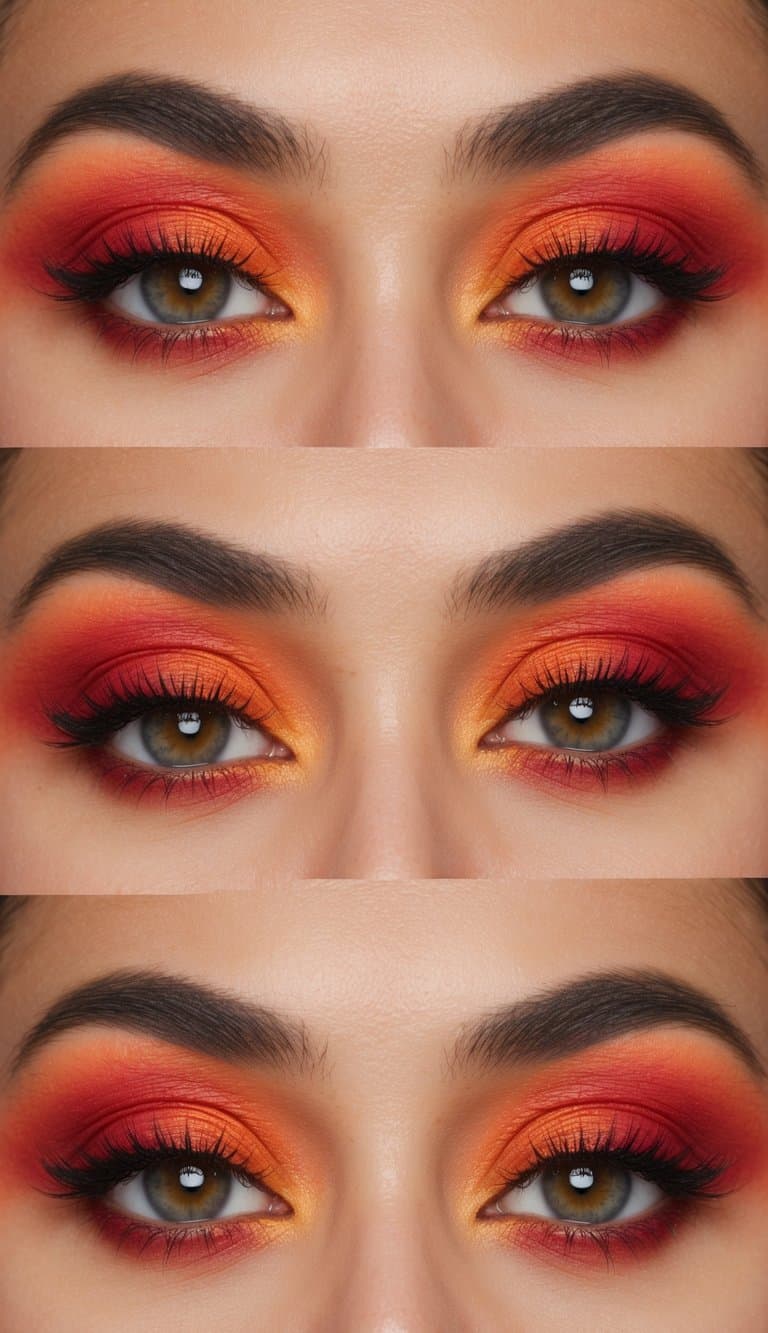 Vibrant sunset hues blend across eyelids, with rich oranges and fiery reds creating a stunning and dramatic eye makeup look