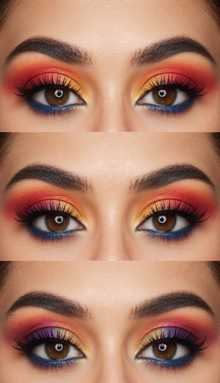 Vibrant sunset colors blend together in a striking eye makeup look