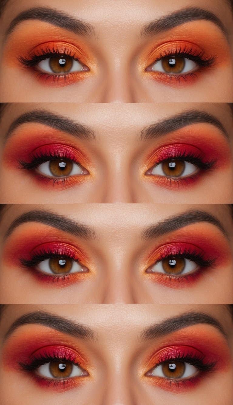 Vibrant sunset colors reflected on eyelids, blending rich oranges and fiery reds