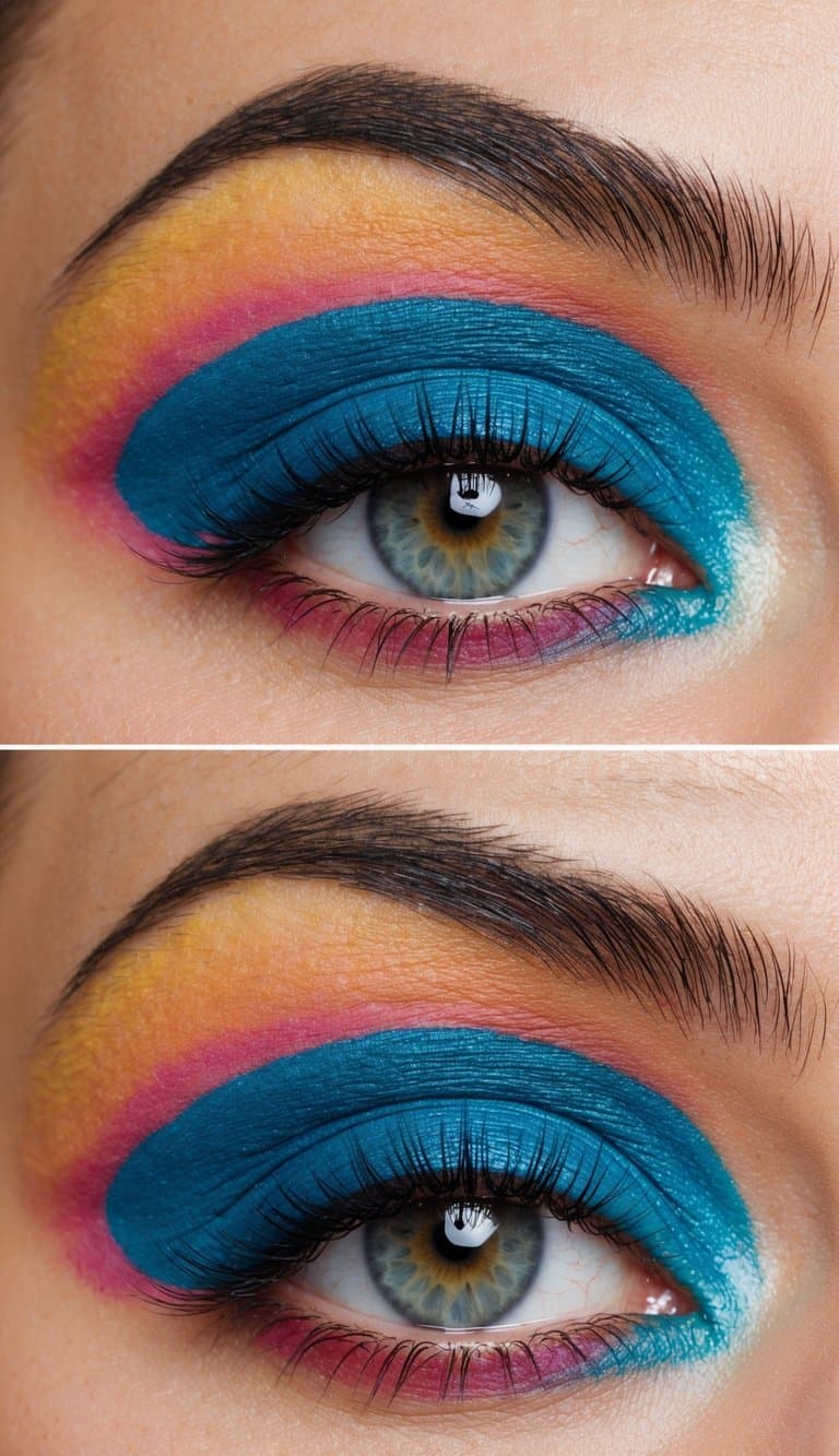 Vibrant sunset colors blend seamlessly across the eyelid, creating a sophisticated and stunning makeup look