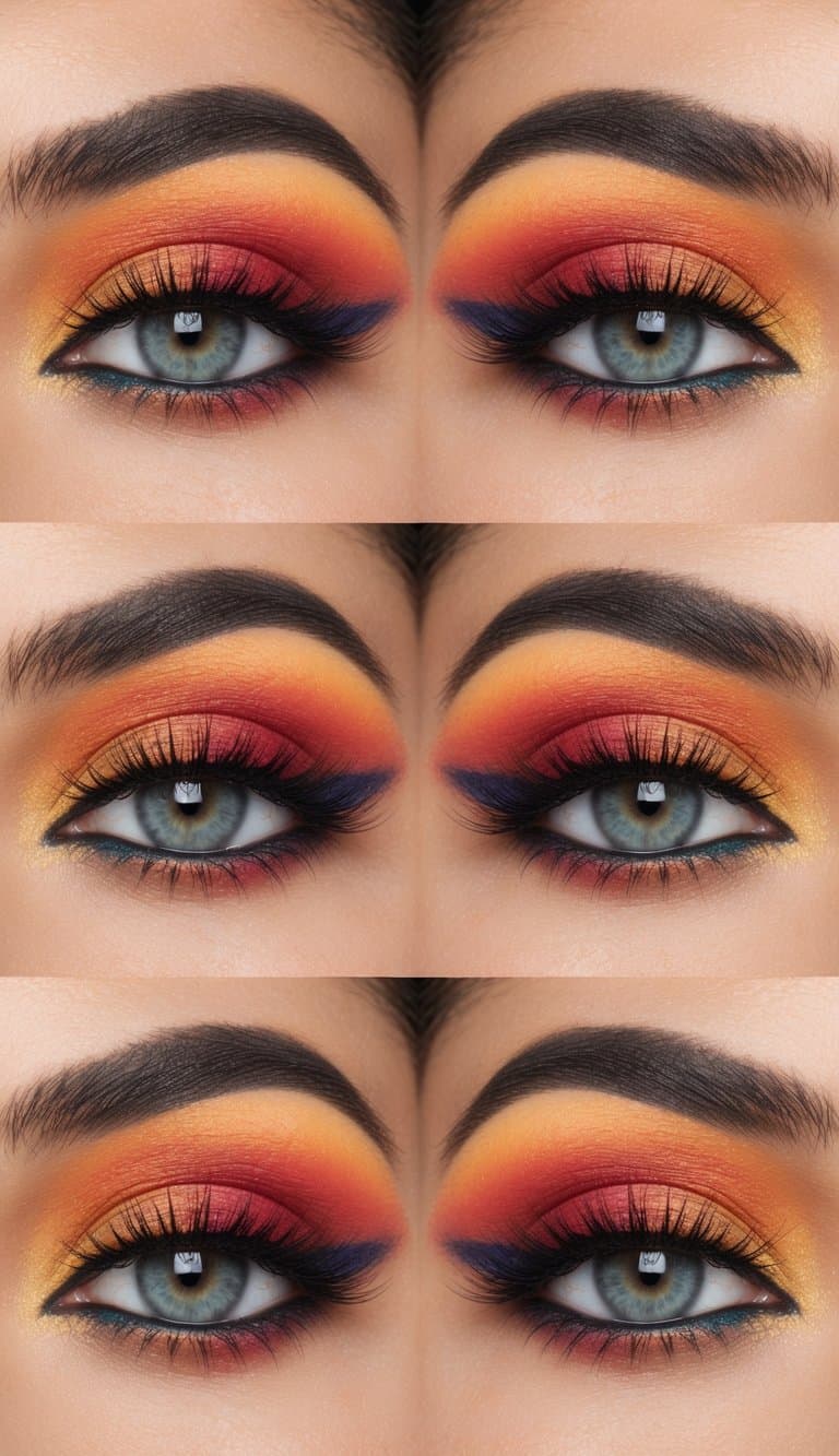 Vibrant sunset colors blend across eyelids in a stunning makeup look
