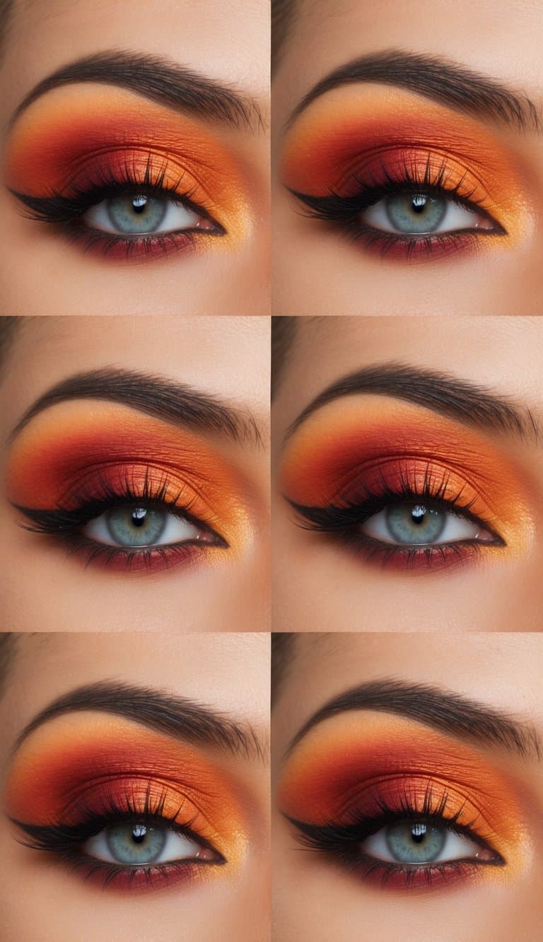 Vivid sunset colors blend across eyelids, with fiery oranges and rich reds, creating a mesmerizing and dramatic eye makeup look