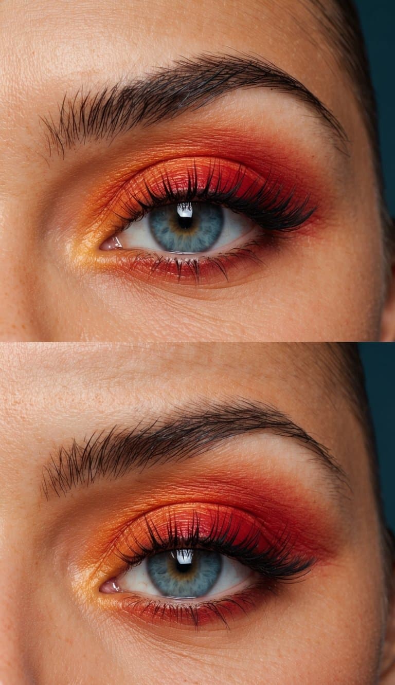 A vibrant sunset over the ocean, with rich orange and fiery red hues reflecting off the calm water