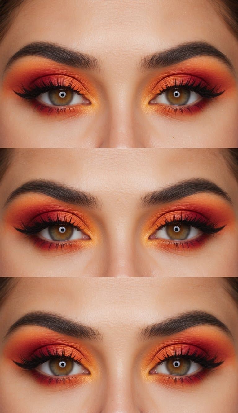 Vibrant sunset colors blend across the eyelids, with rich oranges and fiery reds creating a stunning and dramatic eye makeup look