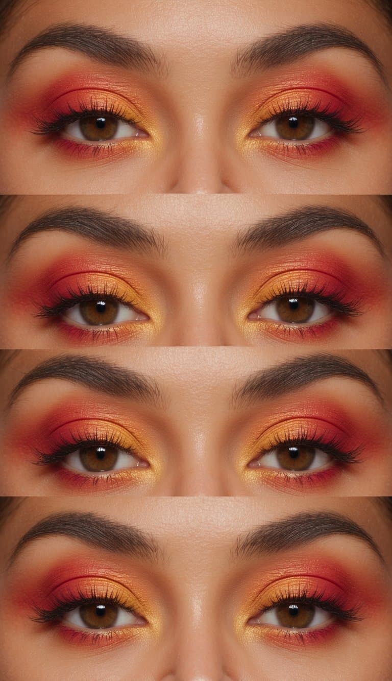 Vibrant sunset hues blend on eyelids, casting warm, radiant glow