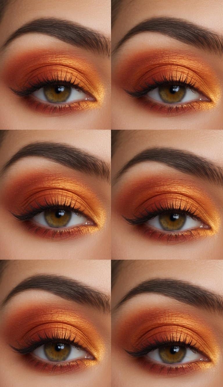Vibrant sunset-inspired eye makeup with terracotta and fiery orange hues, blending seamlessly with warm golden tones