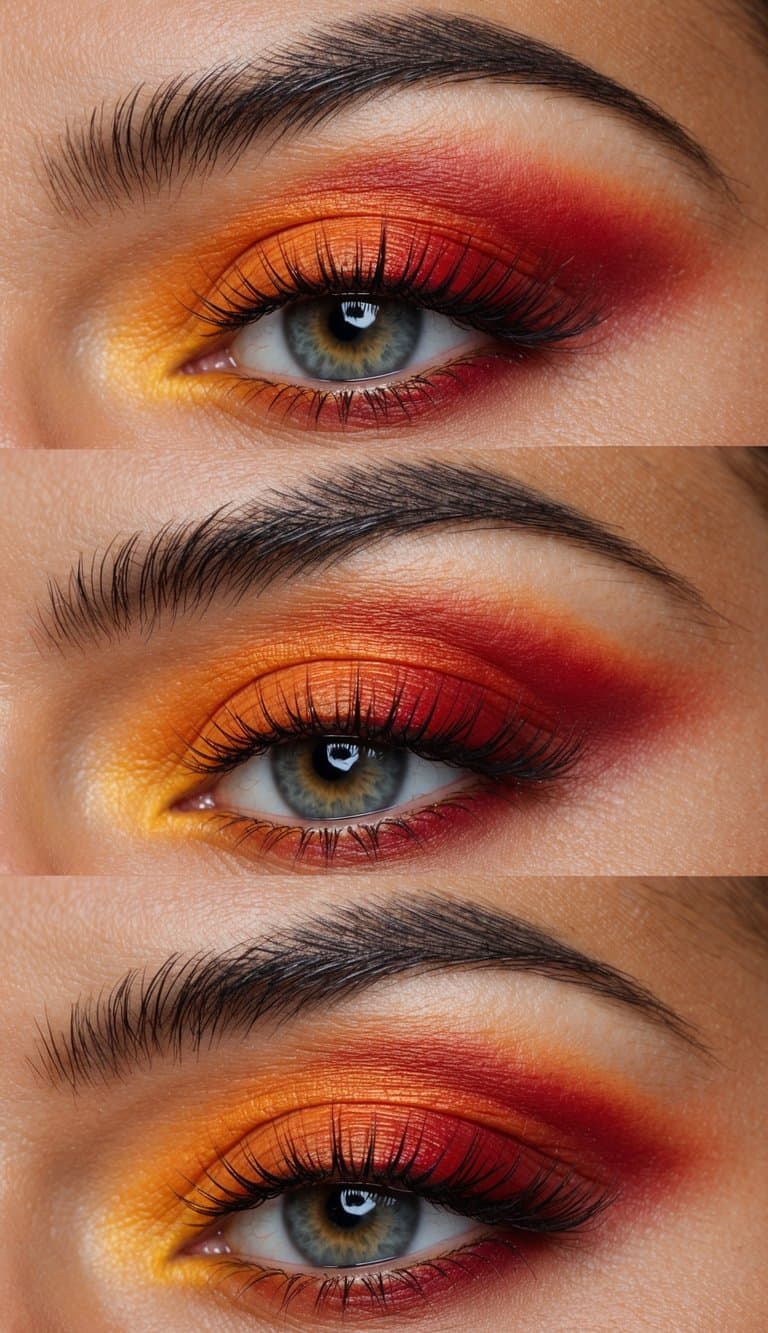 Vibrant sunset colors blend across eyelids, with rich oranges and fiery reds creating a stunning eye makeup look