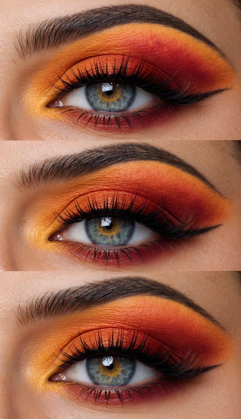 Vibrant sunset colors blend across the eyelids, with rich oranges and fiery reds creating a stunning and dramatic makeup look