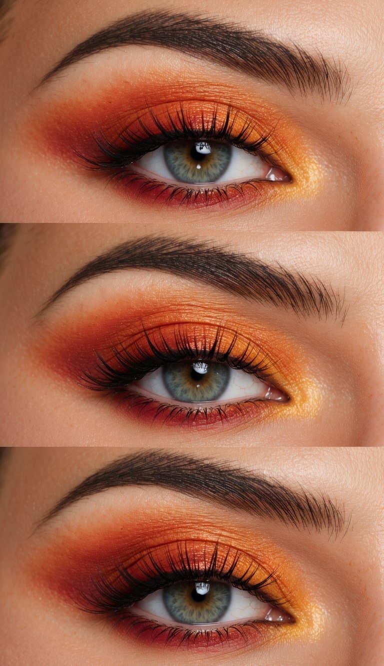 Vibrant sunset colors blend across the eyelid, with rich oranges and fiery reds creating a stunning eye makeup look