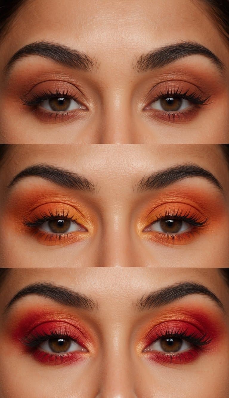 Sunset-inspired eye makeup palette with terracotta, rich oranges, and fiery reds