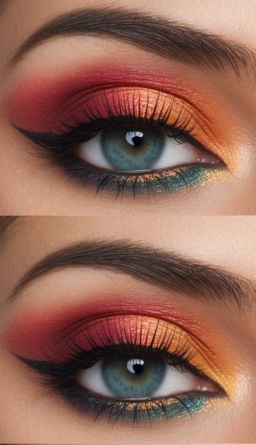 Vibrant sunset colors blend in a mesmerizing eye makeup look