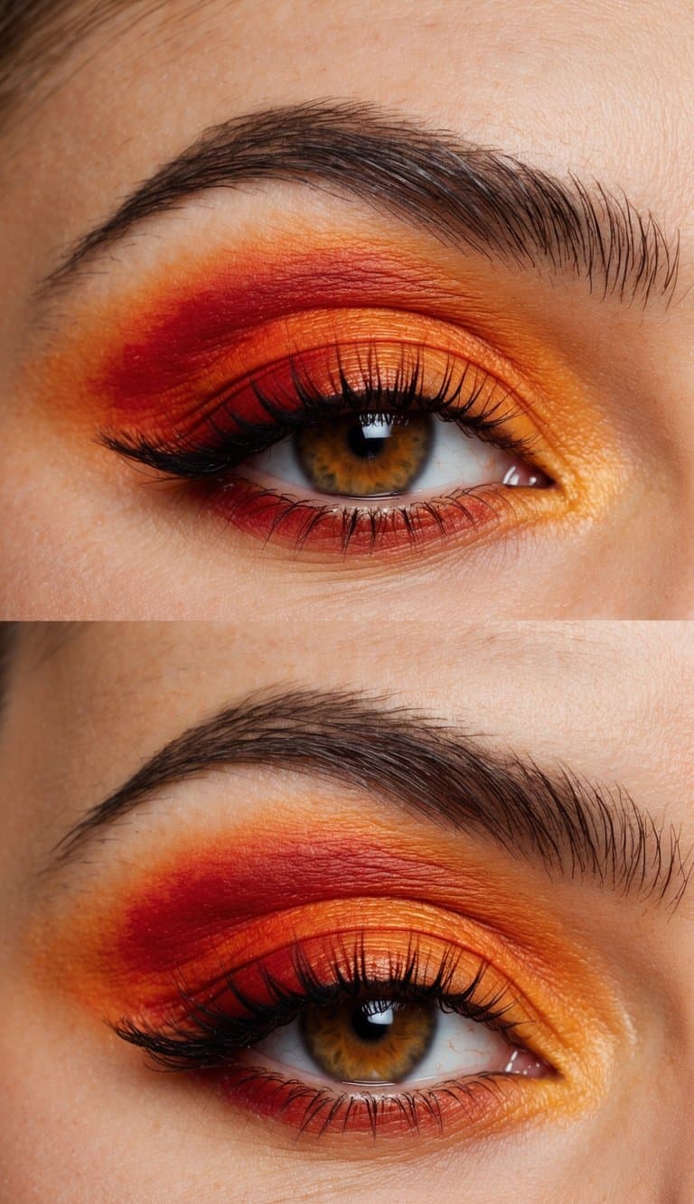 Vibrant orange and fiery red hues blend seamlessly across the eyelids, mimicking the breathtaking colors of a sunset sky