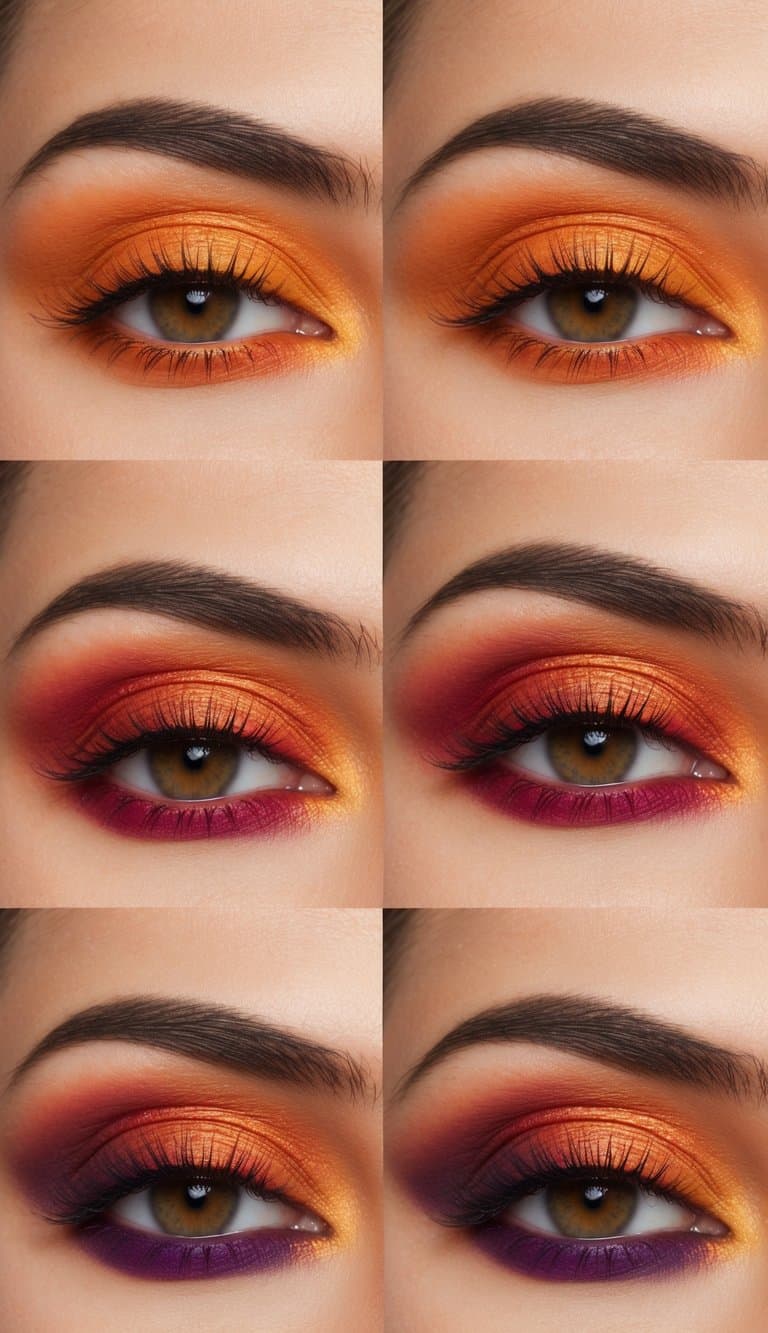 Vibrant oranges, fiery reds, and deep purples blend seamlessly in a stunning sunset-inspired eye makeup look