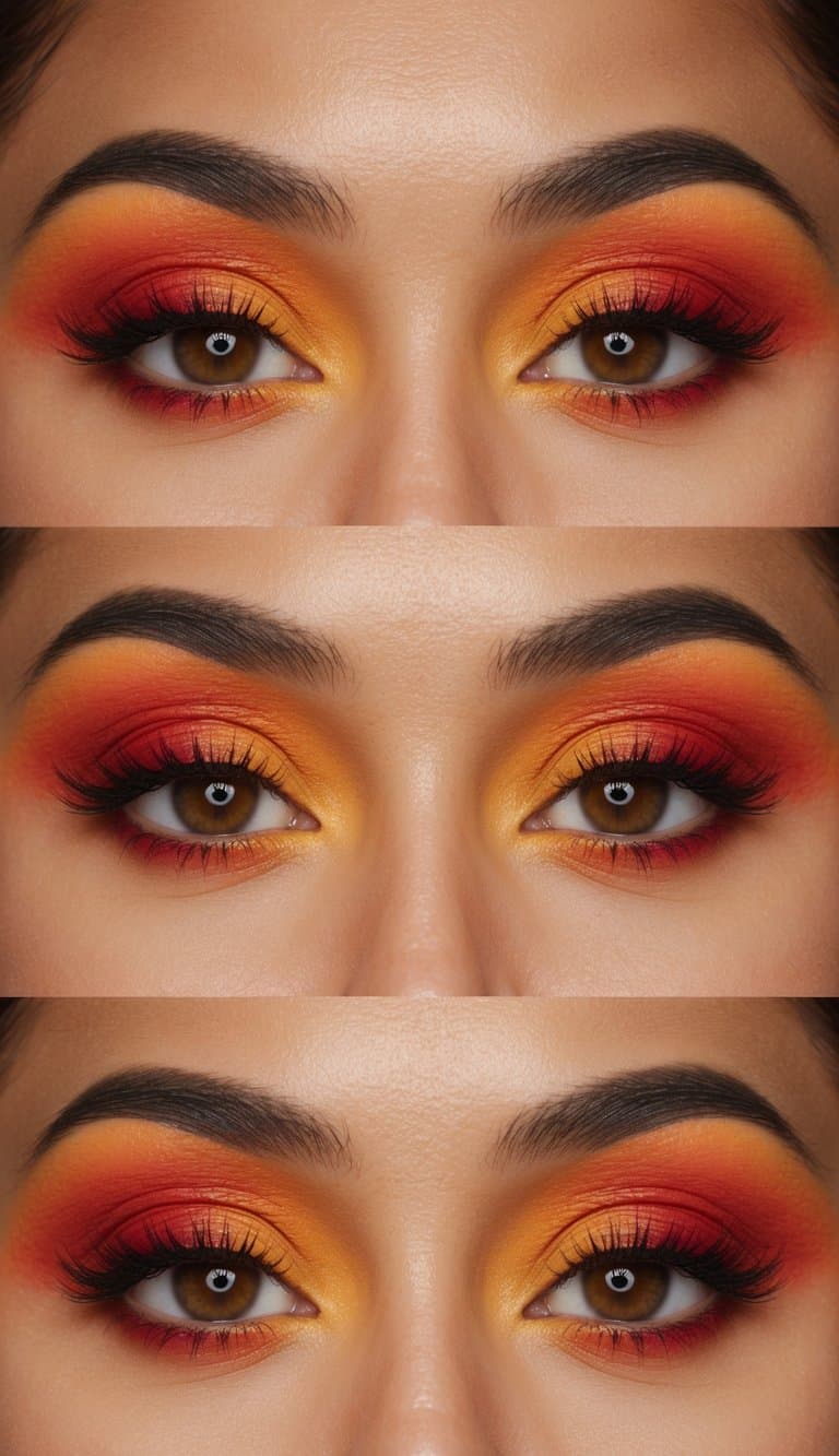 A vibrant sunset-inspired eye makeup look with rich oranges, fiery reds, and golden yellows, creating a stunning and bold visual impact