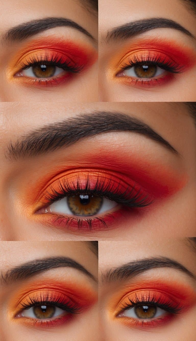 A vibrant sunset-inspired eye makeup look with warm oranges and fiery reds, blending seamlessly to create a stunning and bold statement