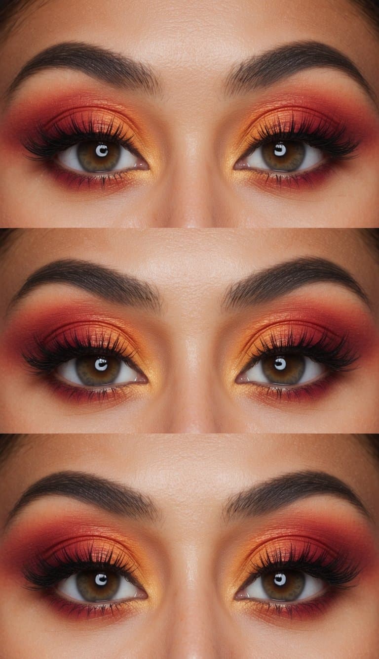Vibrant sunset hues blend across eyelids, creating a fiery and captivating makeup look