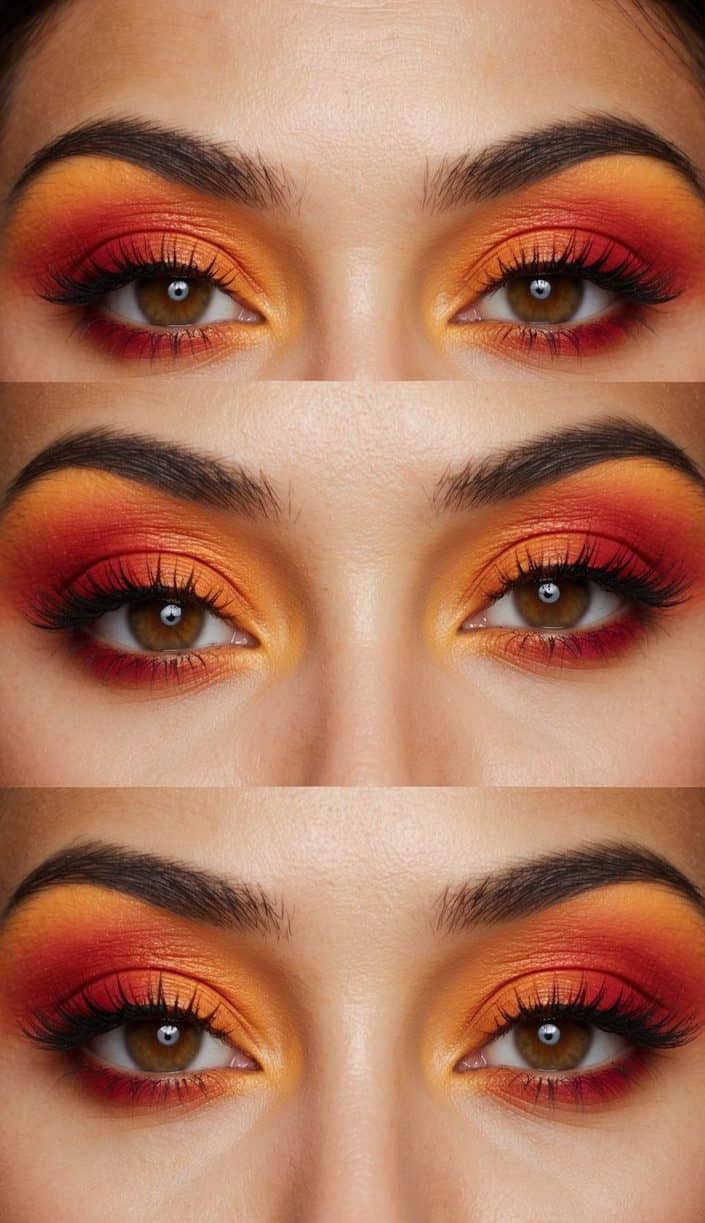 Vibrant sunset colors blend on eyelids, with rich oranges and fiery reds, creating a stunning and dramatic eye makeup look