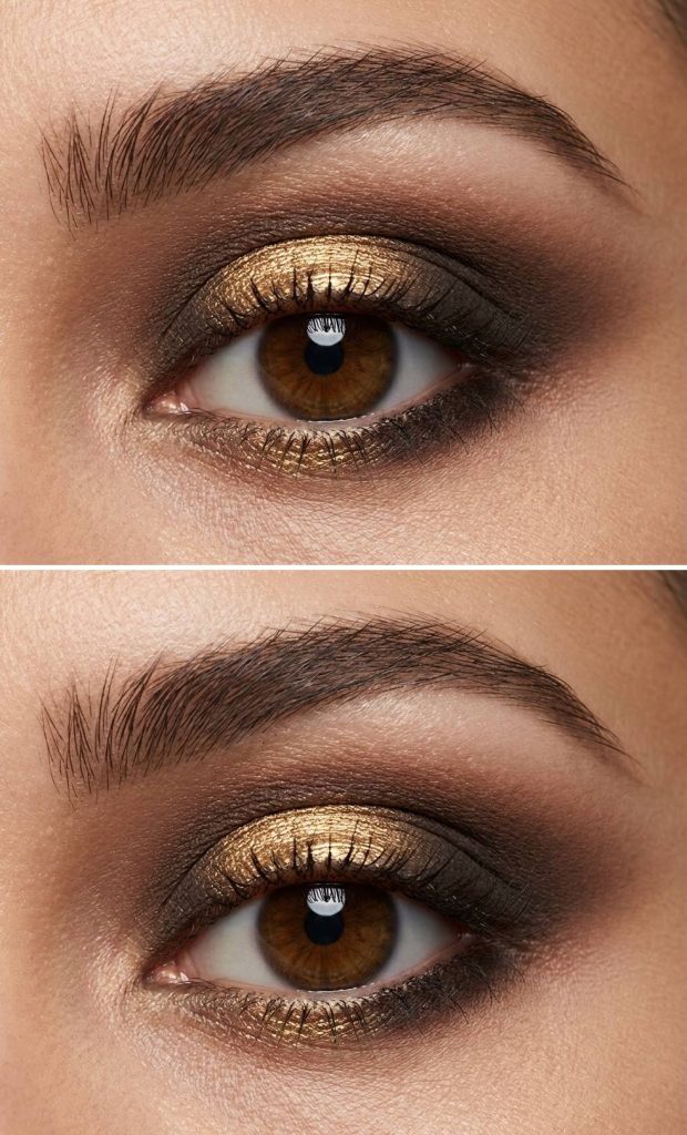 Close-up of a halo eye makeup style using metallic gold shimmer on the center lid with deep black and bronze tones blended on the inner and outer corners.