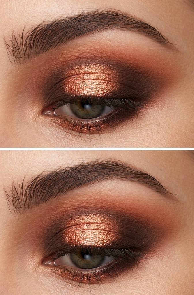 Close-up of a bold halo eye makeup style showcasing bright copper shimmer at the lid’s center and diffused deep brown along the crease and lower lash line.