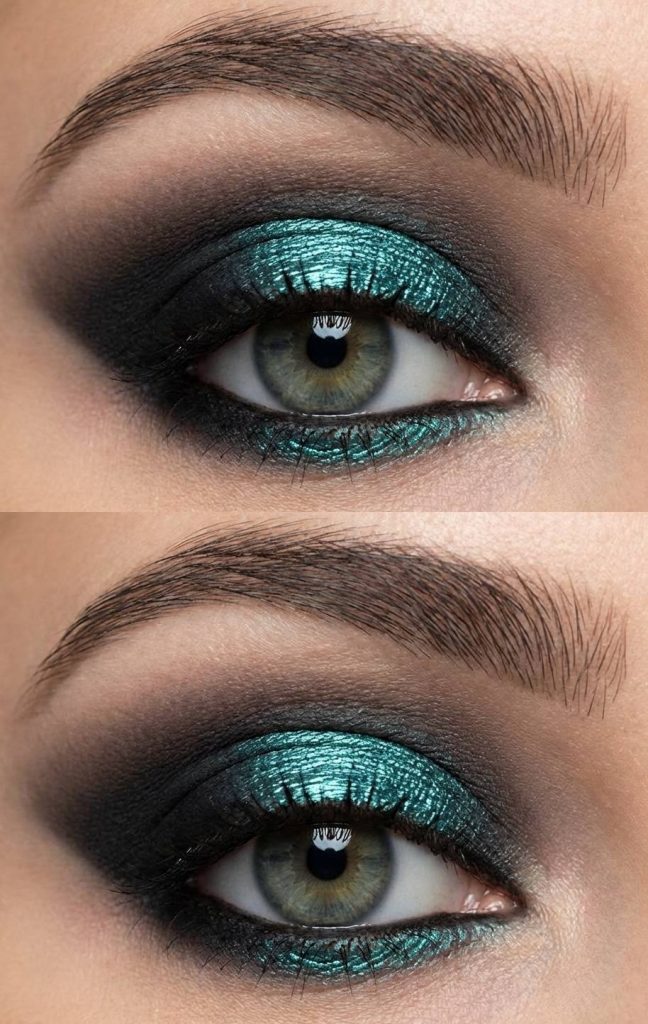 Electric teal takes center stage in this halo eye makeup style, framed by smoked-out black edges that bring bold contrast and high drama.