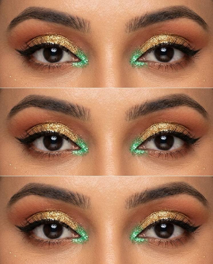 Haldi eye makeup with gold shimmer on eyelids, vibrant green glitter in inner corners, and warm brown-orange shadow in the crease.