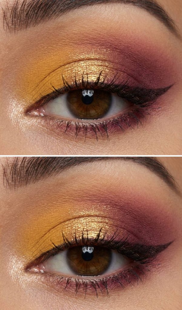 Haldi eye makeup look  featuring mustard and gold shimmer on eyelid, fading into dark wine eyeshadow on the outer corner and lash line with defined winged liner.