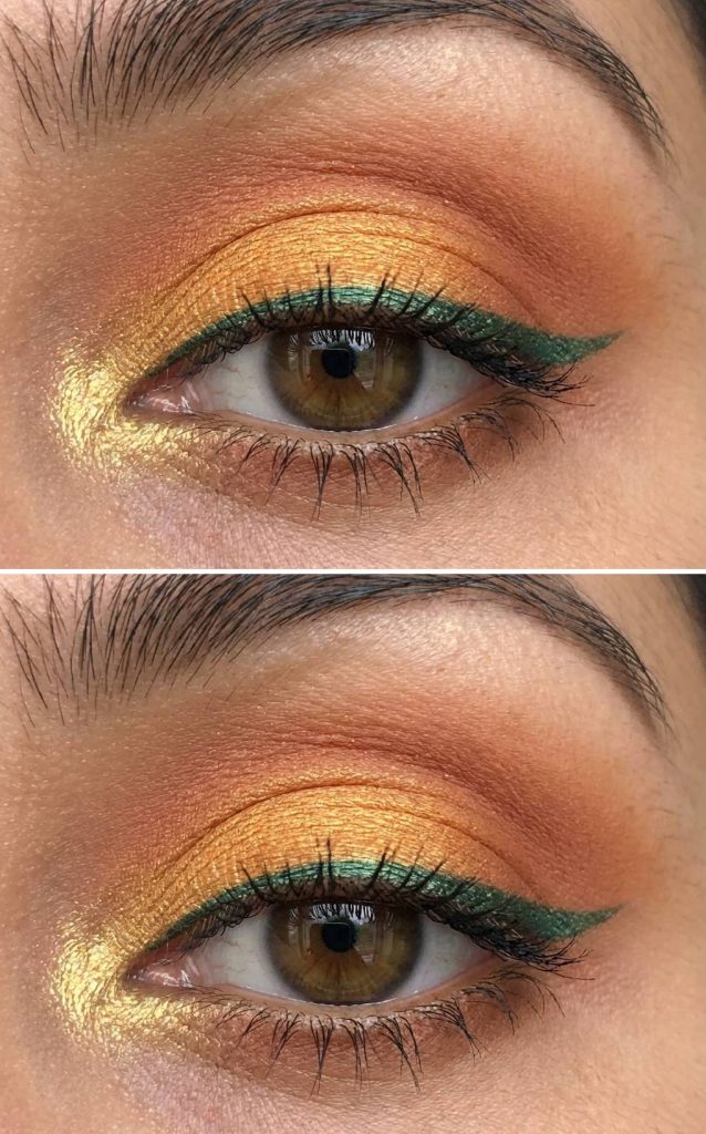 Haldi eye makeup look featuring marigold yellow shimmer, orange matte shadow in the crease, and metallic green winged eyeliner.