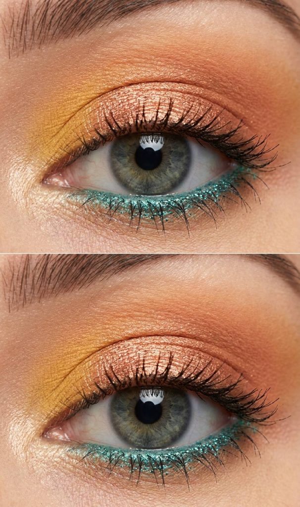 Haldi eye makeup look combining warm golden and copper tones on the eyelid with teal glitter accent under the eyes.