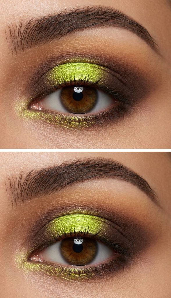 Bright chartreuse shimmer halo eye makeup style with soft brown smoke framing the lid for a bold, vibrant, high-contrast eye look.