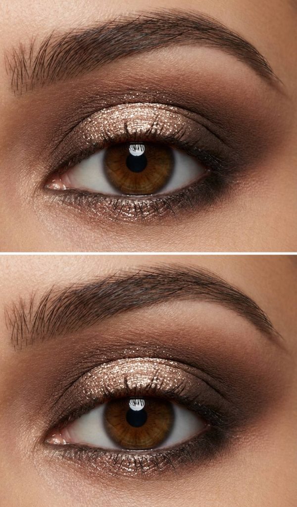 Champagne shimmer sits at the center of the eyelid, surrounded by softly blended brown shadows in a classic halo eye makeup style.
