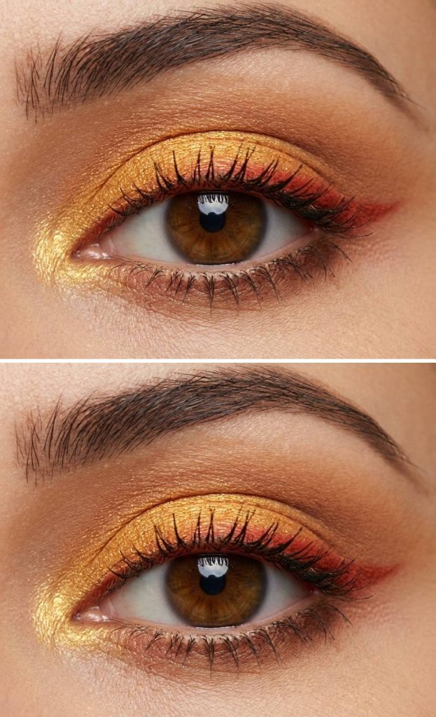 Haldi eye makeup look featuring gold shimmer with soft orange and red blending, creating a layered winged effect.