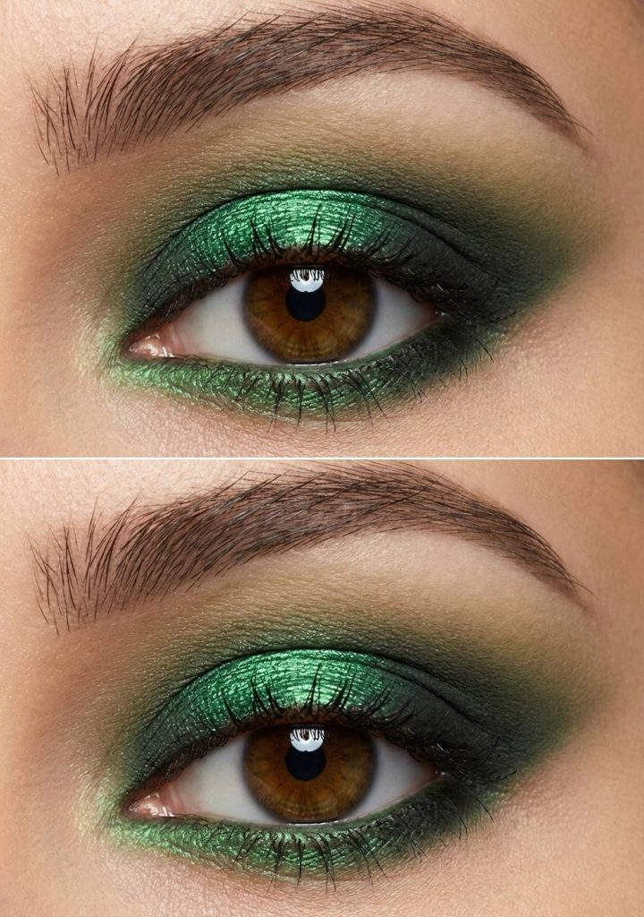 Love bold eyeshadow moments? This halo eye makeup style features a metallic green center with smoky edges that make brown eyes pop instantly.