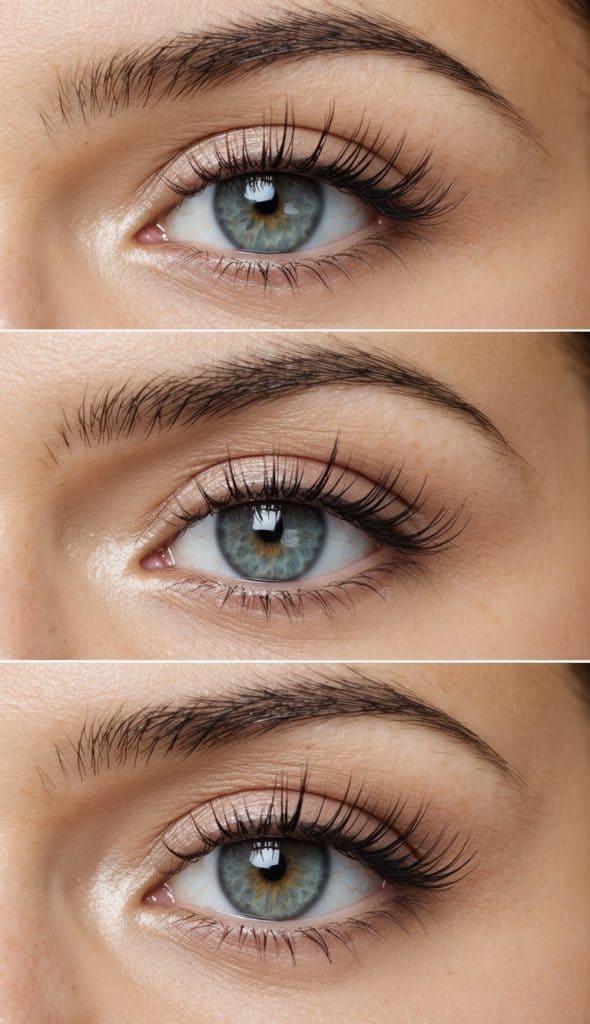 A collage showing close-up images of a human eye with blue and green tones, showcasing different angles and lighting on eyelashes and eyebrows.